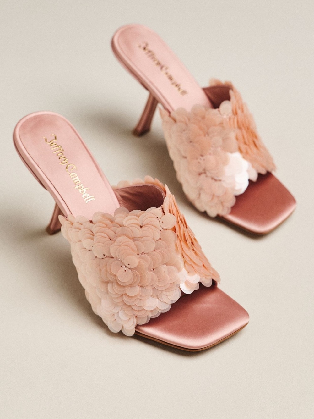 NWOB Jeffrey Campbell Rose Gold Sequin Blush Satin Slide Heels Size 10 Sample - Picture 2 of 14